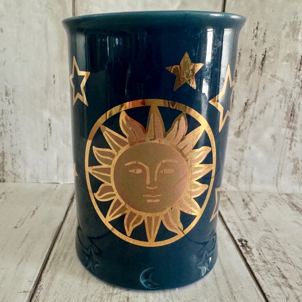 Springmaid Celestial Sun Moon Stars Ceramic Tumbler Teal Blue Gold Whimsigoth